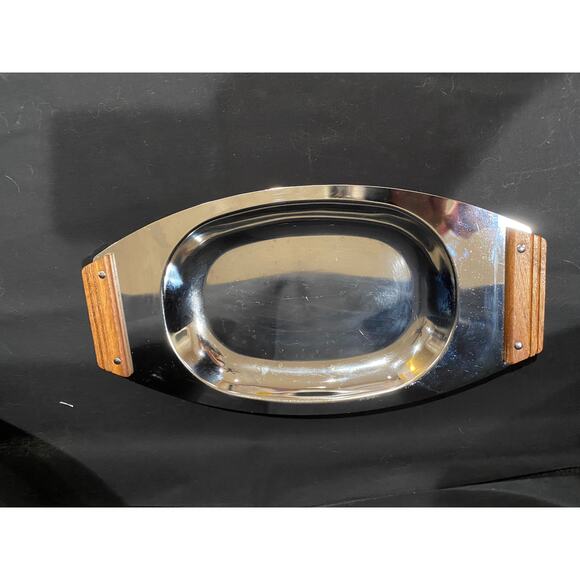 Kromex chrome serving tray, cheese tray, 1957 made in USA, wooden handles - Picture 3 of 7